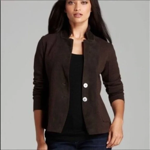 Eileen Fisher Wool and Lamb Leather Blazer Jacket, Brown, Size Large - Picture 2 of 12